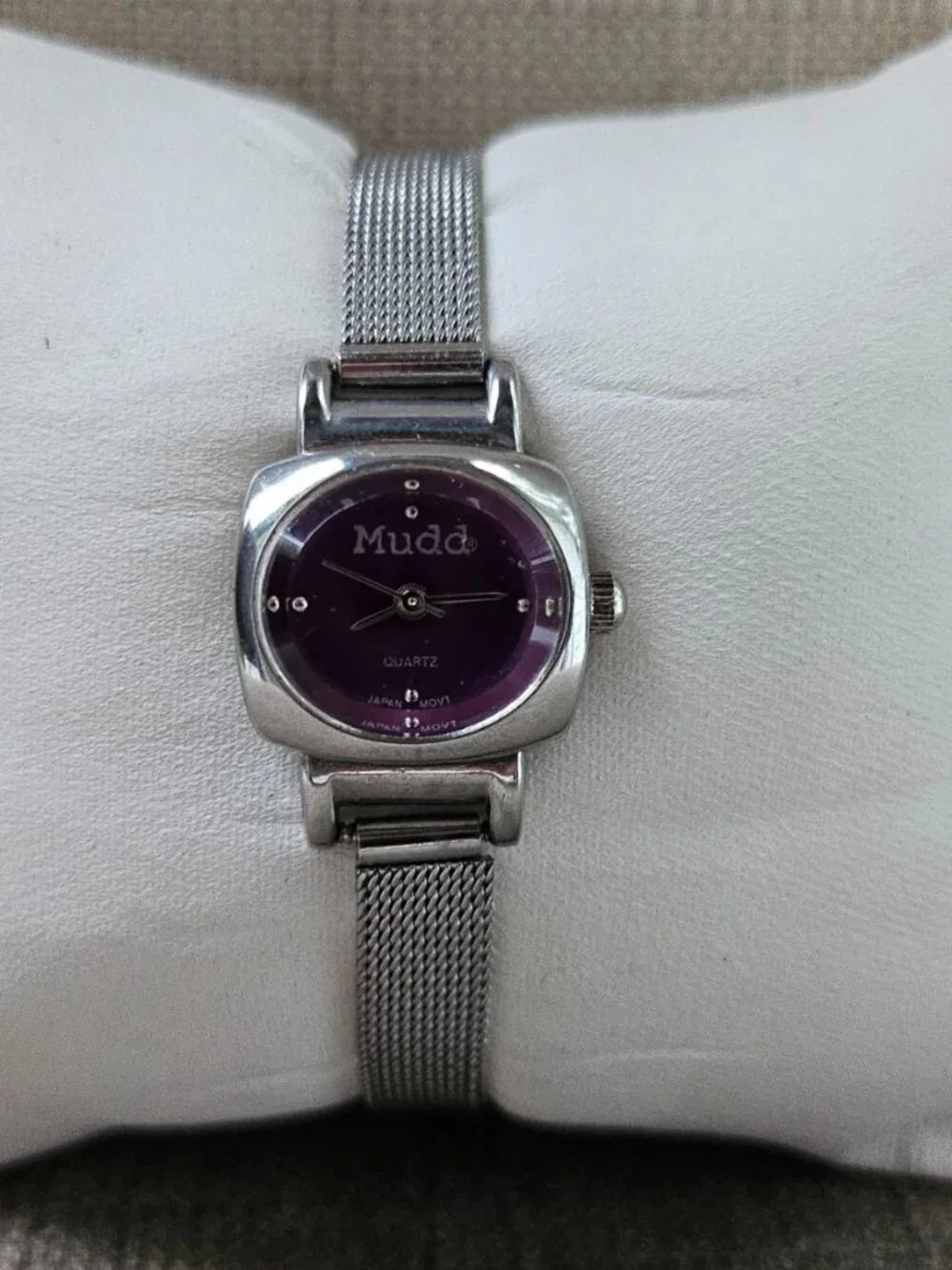 Mudd Women Wristwatch Purple Face Silver Tone Mesh Chain Band Analog Wrist Watch